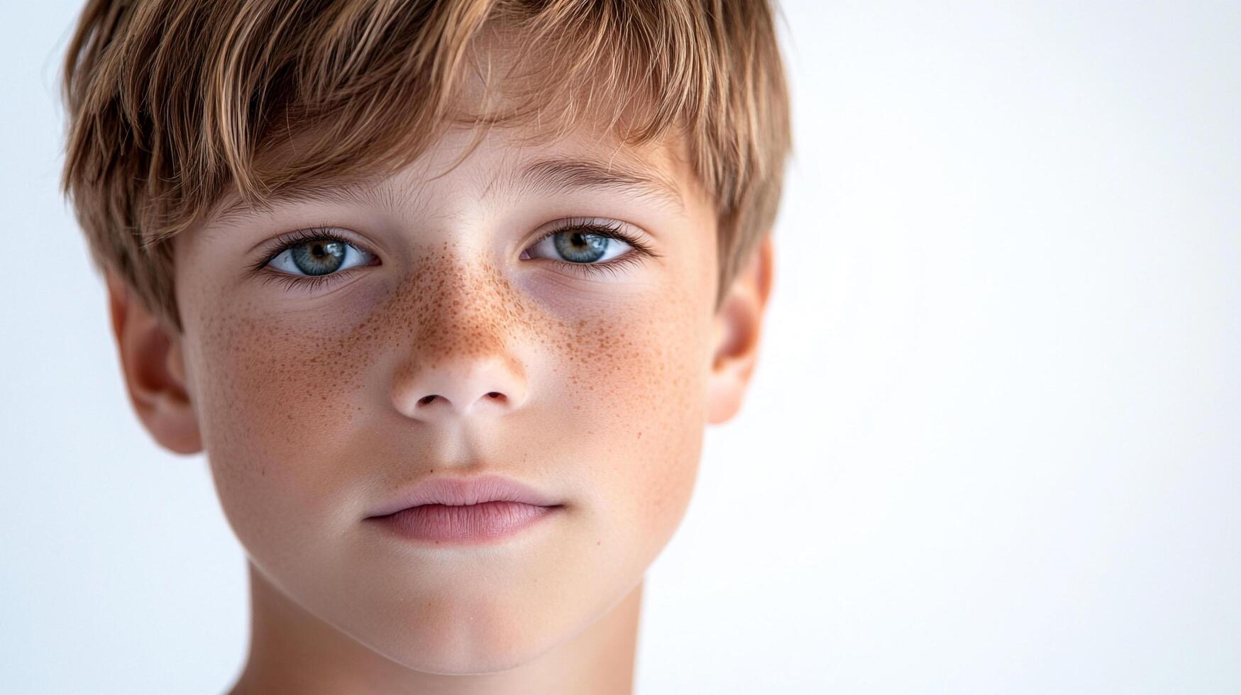 A close-up portrait of a young boy with freckles, hazel eyes, and light brown hair. He is photographed against a simple, light-colored backdrop. photo