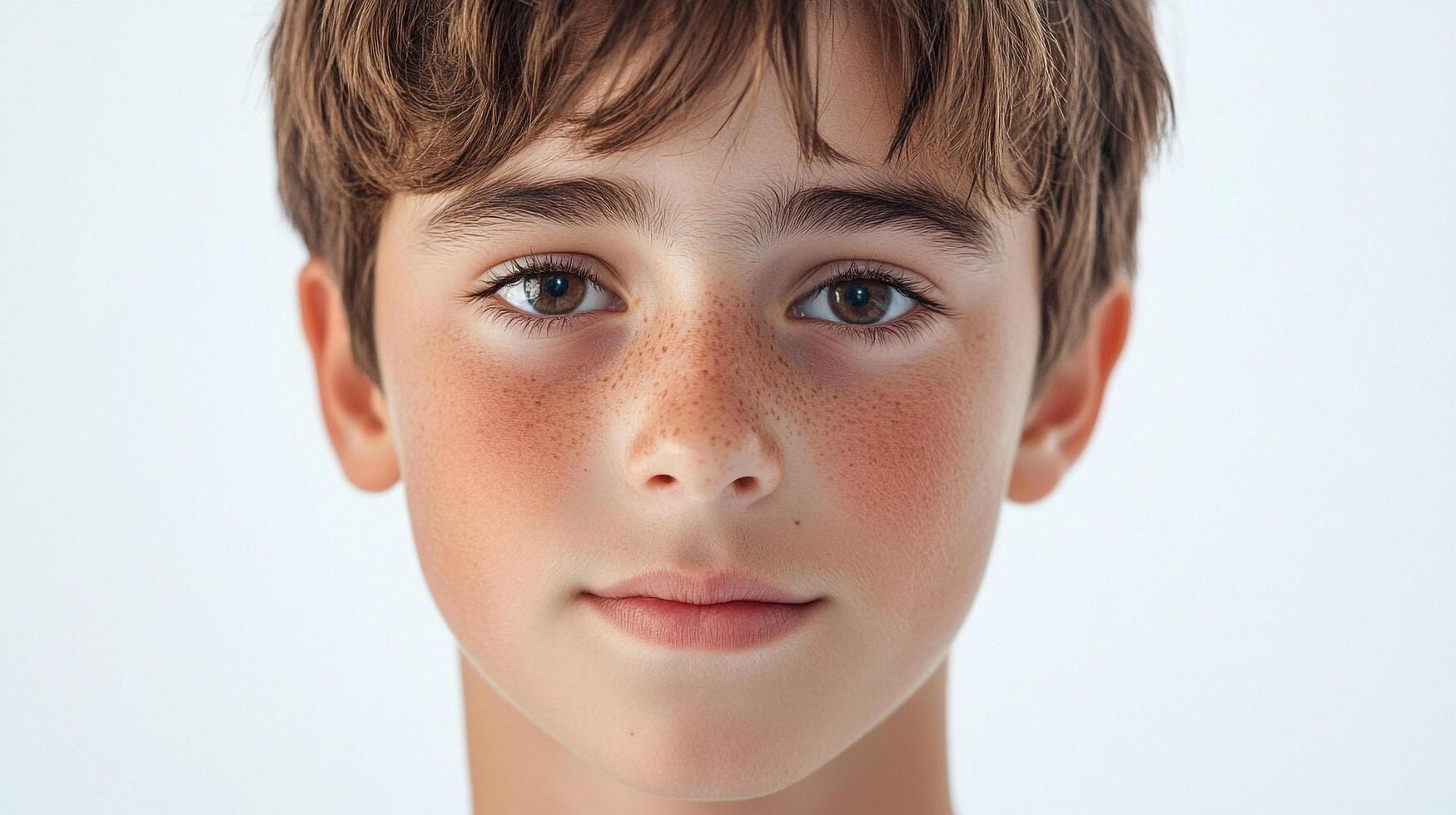 Close-up portrait of a young boy with freckles, brown eyes and hair, set against a clean, light background. Focused expression. photo