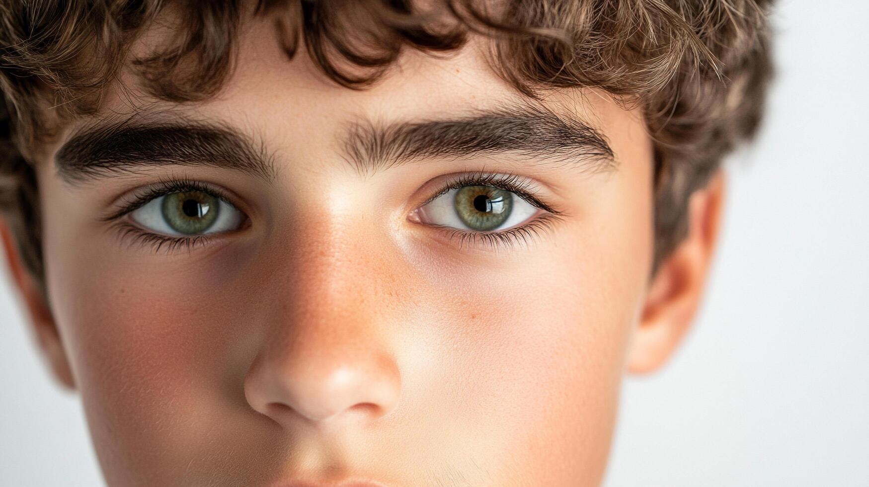 Detailed close-up shot of a boy's face, highlighting his captivating hazel eyes, defined eyebrows, and curly brown hair against a soft background. photo