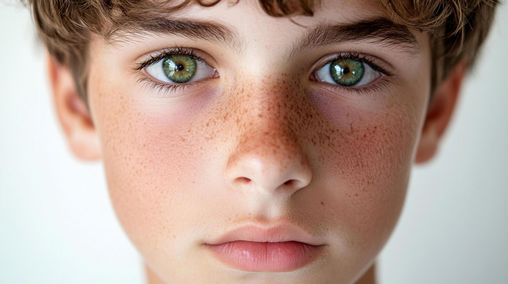 Youthful face, freckled skin, and captivating green eyes capture innocence and charm. A portrait of childhood wonder, set against a bright backdrop. photo