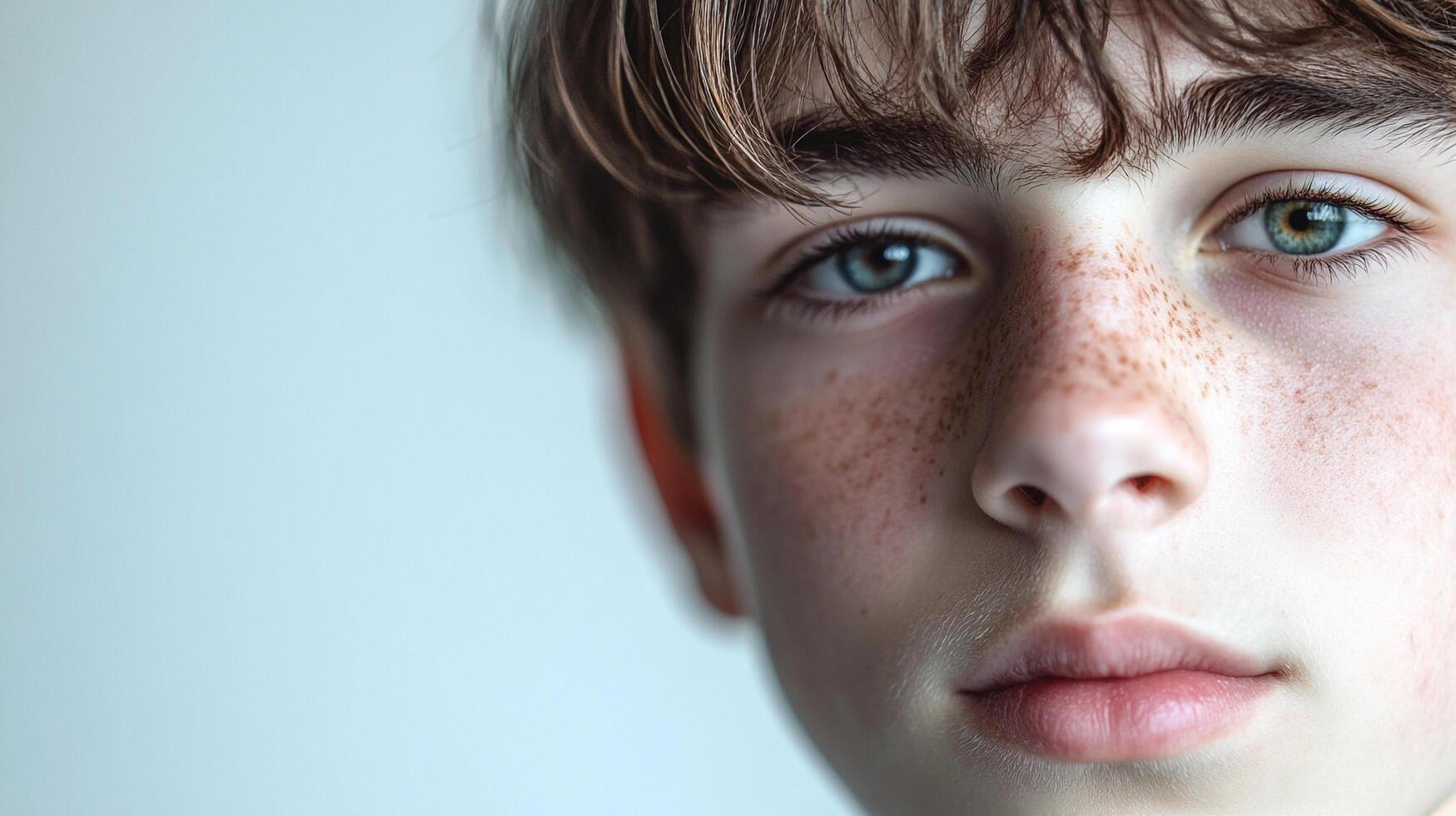 Close-up portrait of a young person with striking features, freckled skin, and light brown hair, capturing a moment of quiet intensity. photo