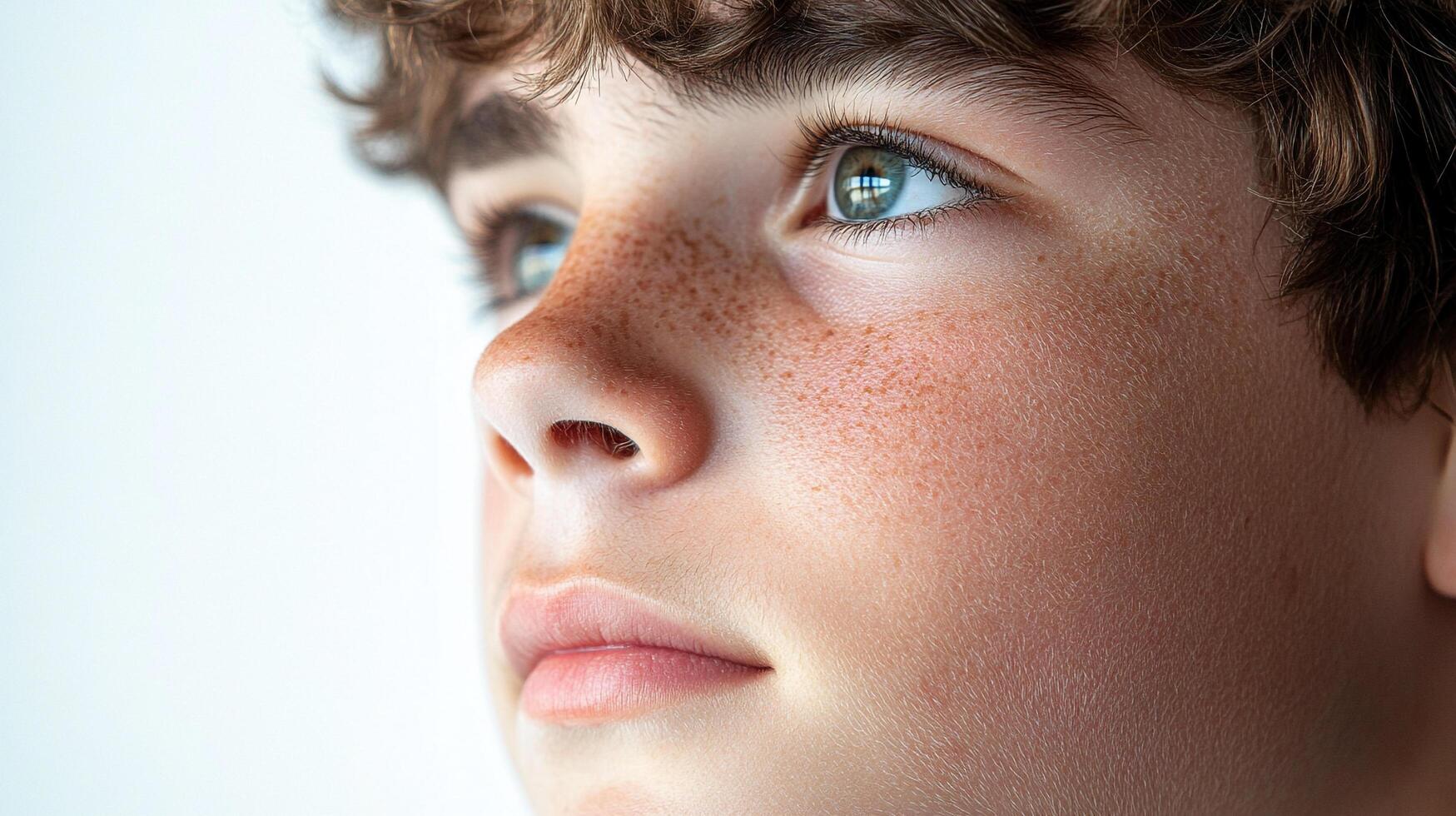 Close-up of a young person with freckles and curly hair looking upwards with a thoughtful expression against a bright, neutral background. photo