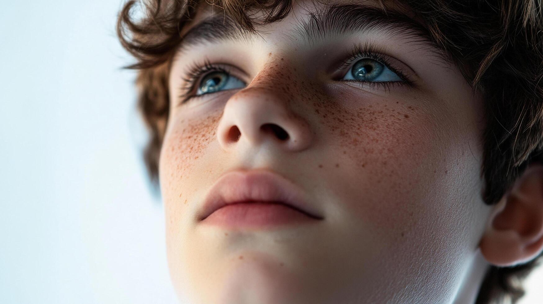 Youthful face, eyes gazing upward, freckled skin tones, light background. Innocent looking child, soft features, youthful and serene. photo