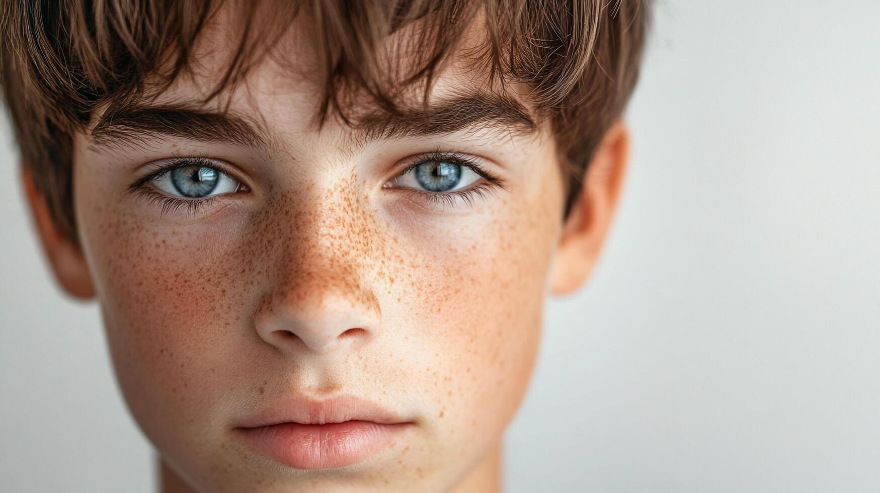 Close-up of a young person's face with striking blue eyes and freckles. Focused gaze on the face of youth. Expressive and engaging. photo