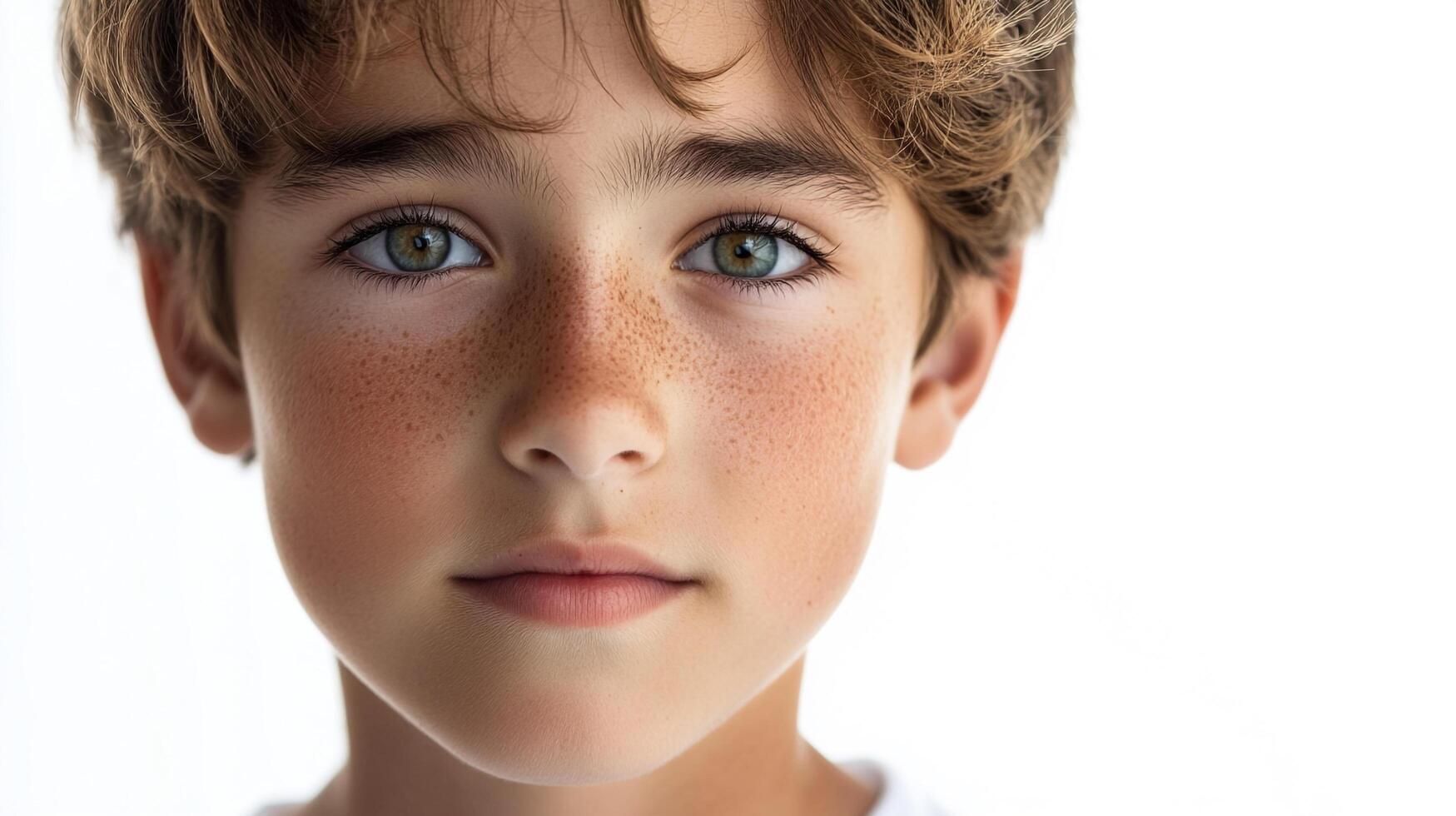 Intense gaze from a young boy with striking green eyes and scattered freckles, set against a bright, minimalist background, very nice expression photo