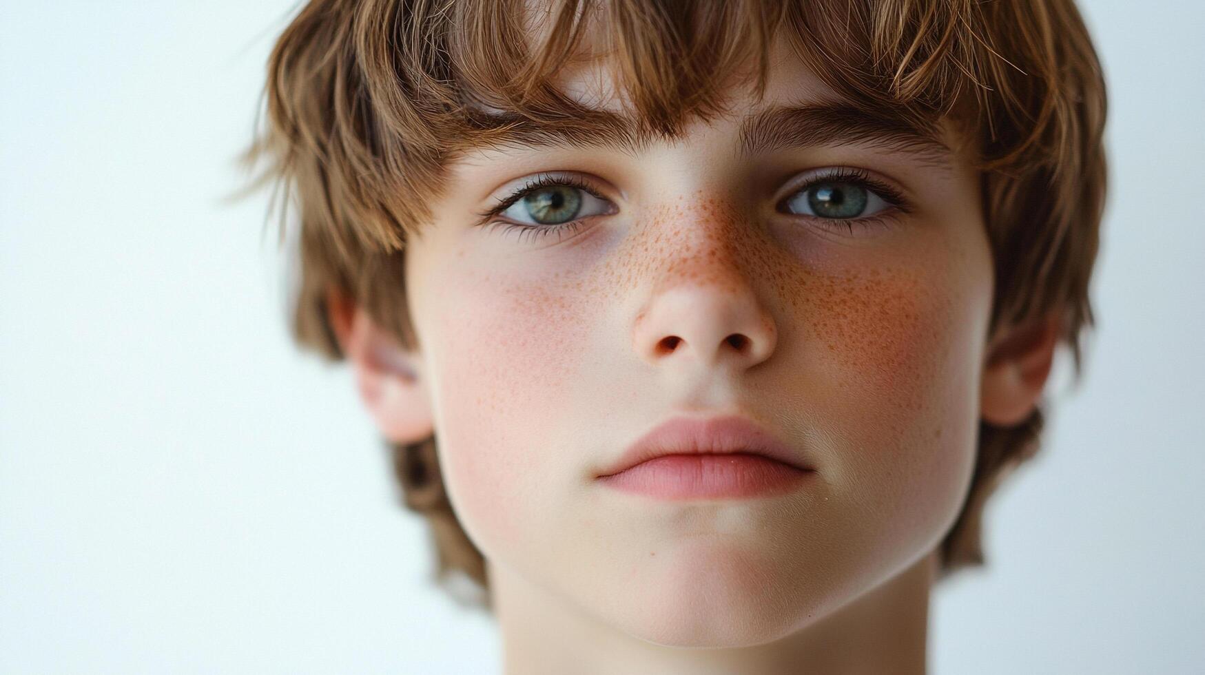 A close-up portrait captures the youthful face of a child with striking green eyes, freckles, and light brown hair against a plain background. photo