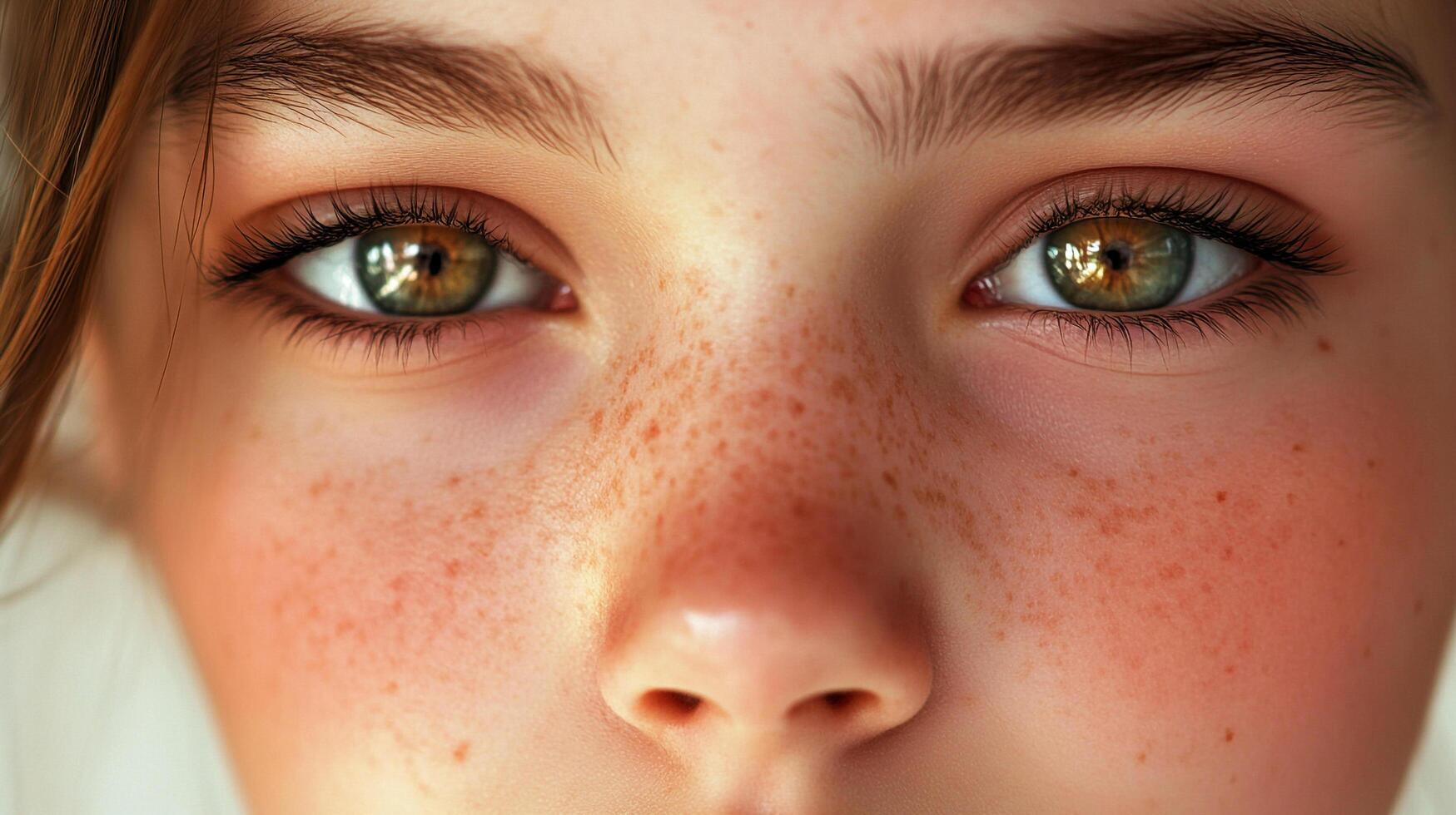Close-up portrait showcases striking hazel eyes and charming freckles, capturing youthful beauty with warmth and natural skin texture. photo