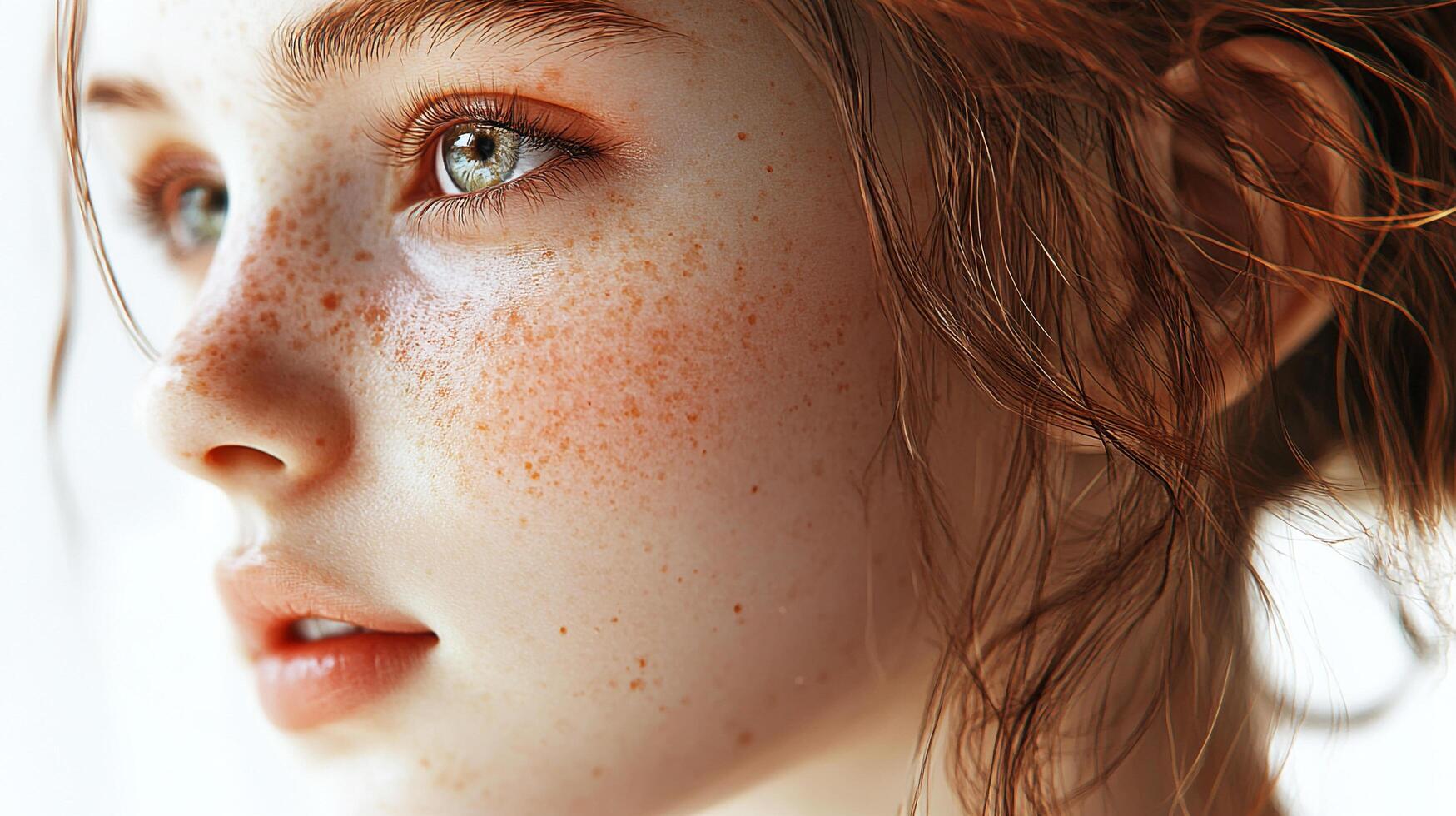 Close-up of a young woman with freckles. Her soft, textured skin and gentle gaze are captured in a warm and inviting light. photo