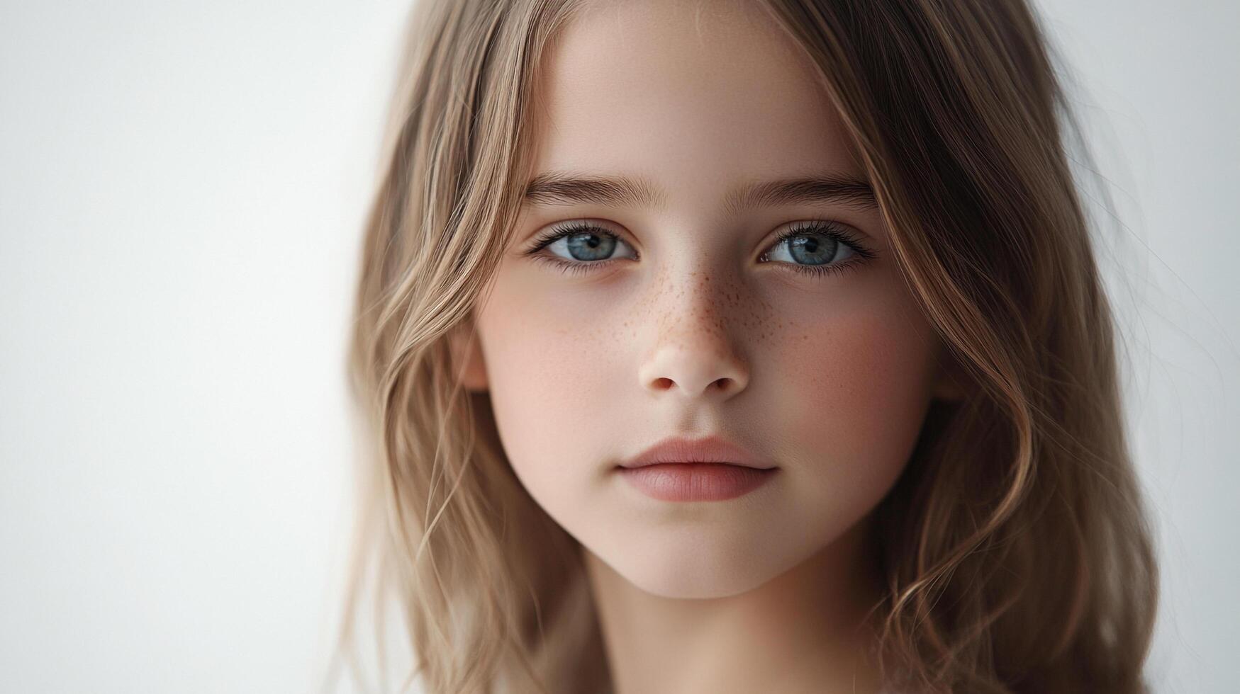 Portrait of a young girl with beautiful blue eyes and freckles, capturing her innocent charm and gentle features in a close-up shot. photo
