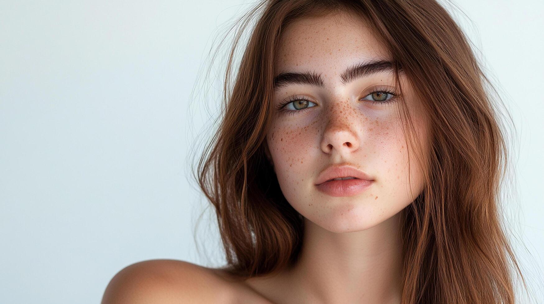 Close-up portrait of a young woman with freckles, light green eyes, and wavy brown hair against a soft, neutral background. photo