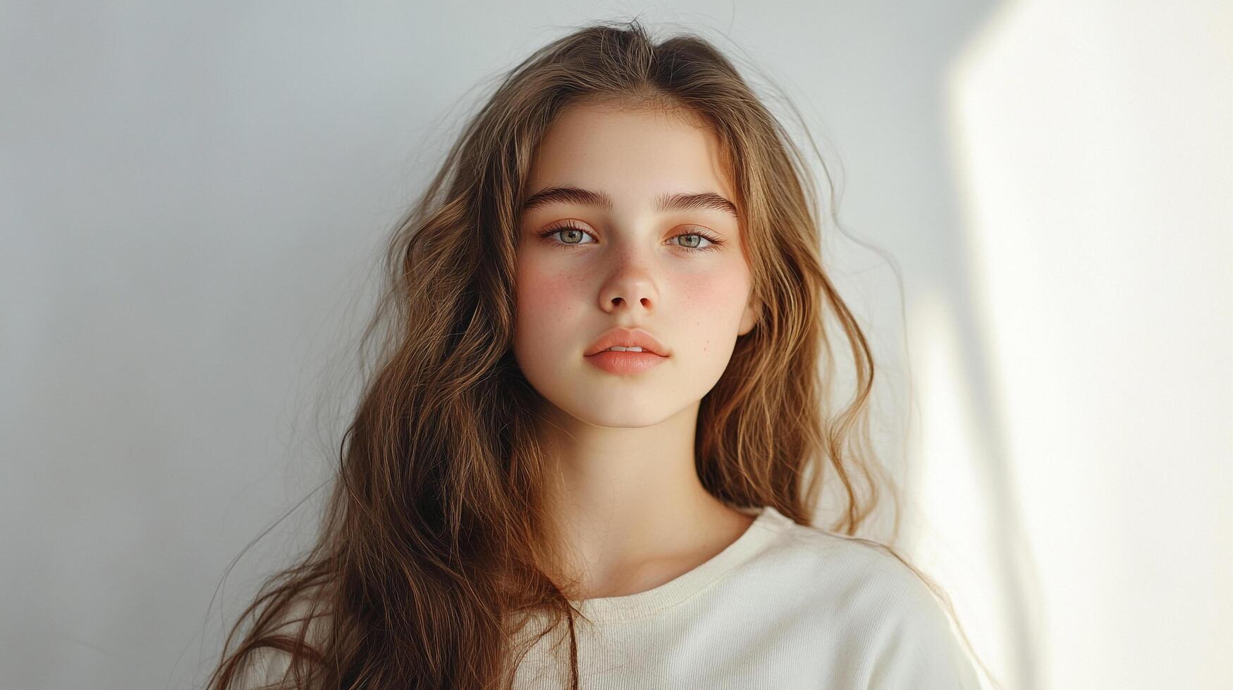 Captivating portrait of a young woman with long, wavy brown hair and striking eyes, radiating natural beauty and youthful charm. photo