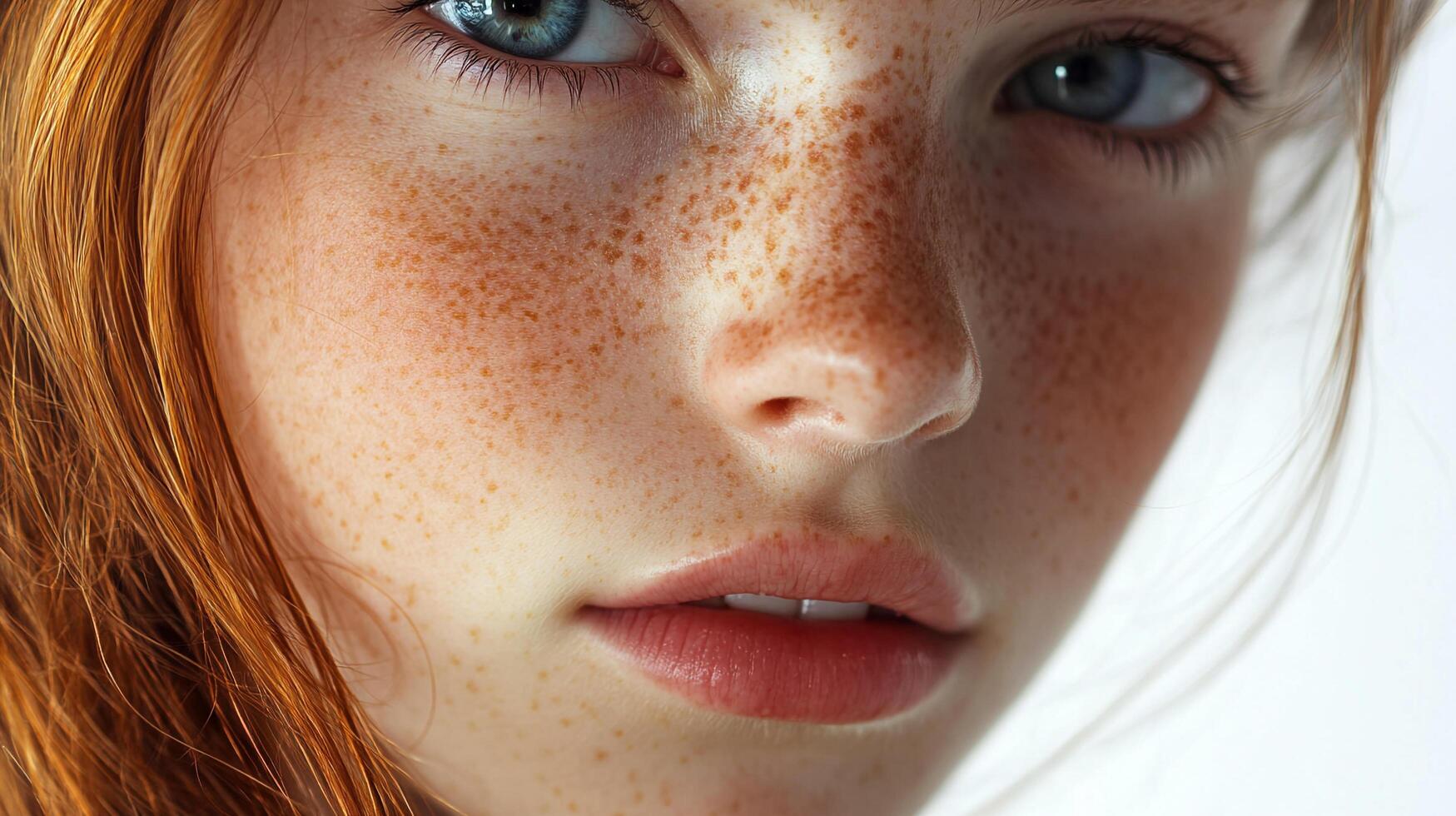 Close-up of a person's face with red hair, blue eyes and freckles. A striking and warm-toned image with details and beautiful skin. photo
