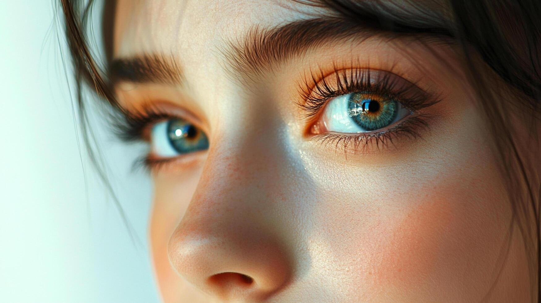 Captivating close-up showcasing striking eyes, enhanced lashes, and gentle blush. The light caresses soft skin, highlighting features. photo