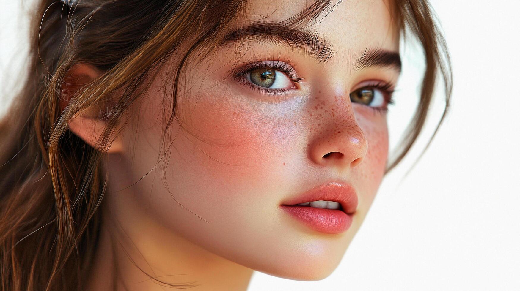 Close-up portrait showcases a young woman with fair skin, freckles, and mesmerizing eyes, creating an overall impression of natural beauty. photo