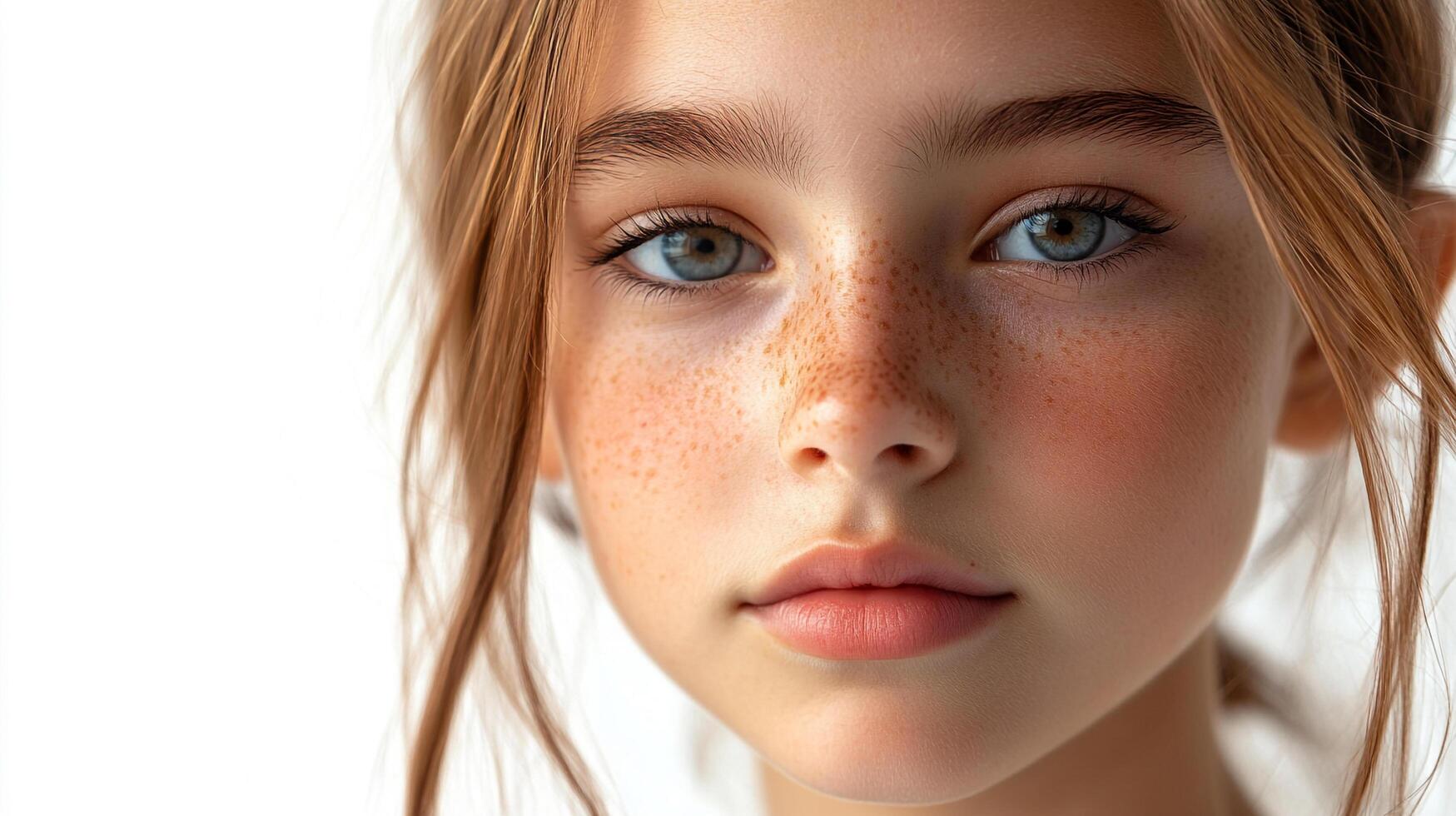 Portrait of a young girl with freckles and light brown hair, looking directly at the viewer against a plain white background. photo