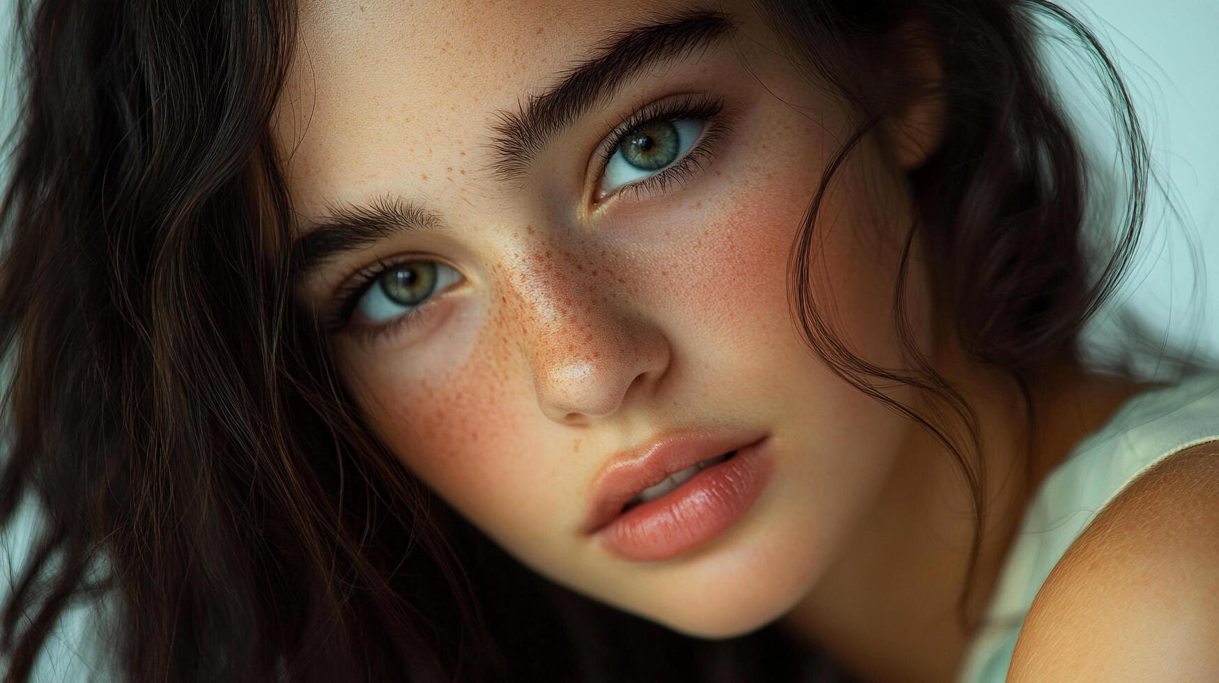Close-up portrait of a beautiful woman with freckles and captivating eyes, showcasing natural beauty and expressive features. photo