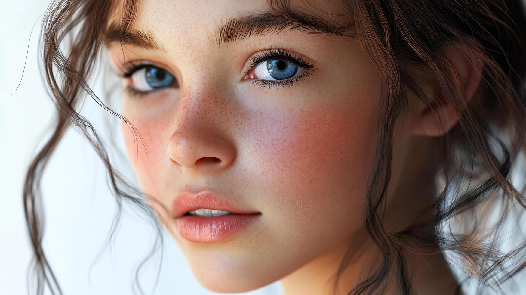 Close-up of a girl with blue eyes and freckles. A minimalist, clean composition focuses on natural beauty and delicate features. photo