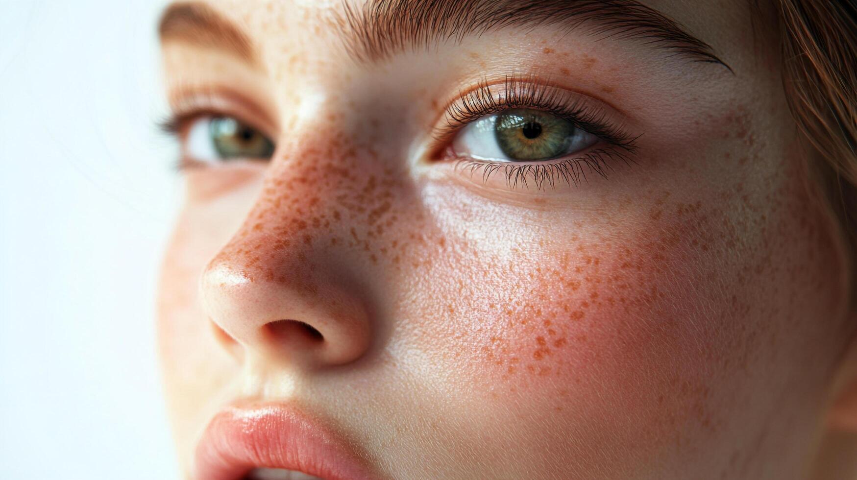 Close-up of a face highlighting freckles and natural beauty with soft lighting and focus on the detail of skin and eyes. photo