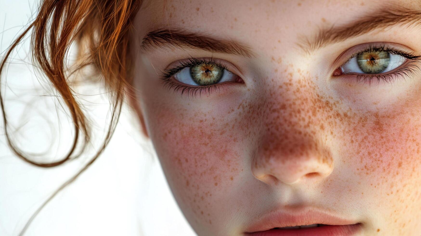 Close-up of a fair-skinned woman's face, highlighting her beautiful green eyes, delicate features, and scattering of natural freckles. photo