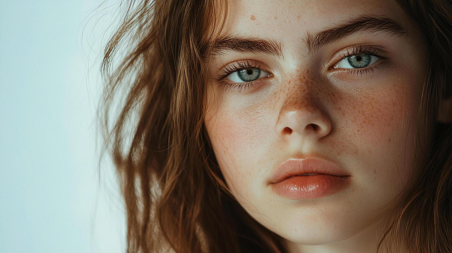 Close-up portrait of a youthful woman with freckles, blue eyes, and auburn hair, emphasizing natural beauty and delicate features. photo
