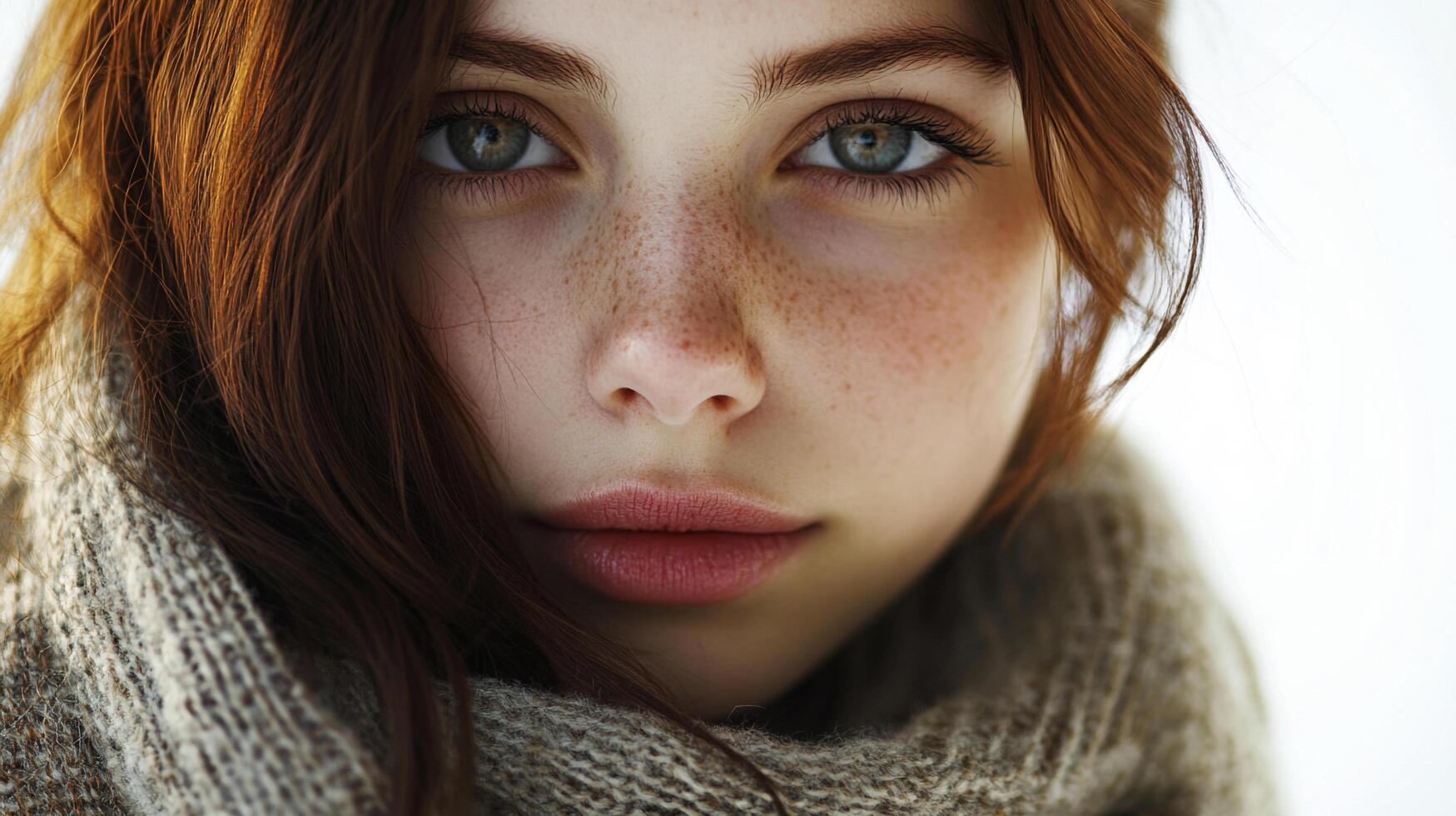 Close-up portrait of a woman with auburn hair, freckles, and a cozy gray scarf, exuding warmth in a soft, bright setting. Winter portrait. photo