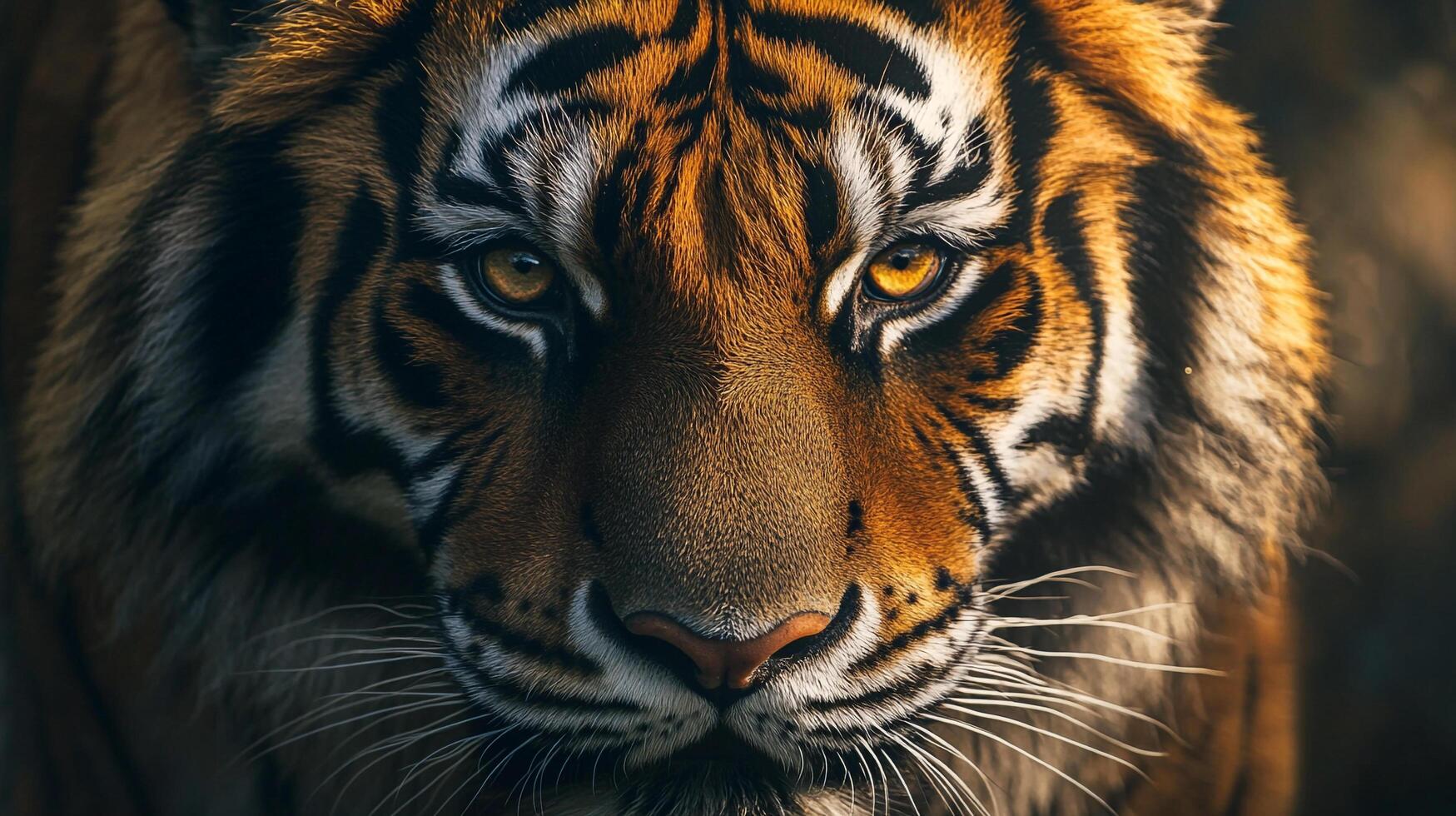 Majestic tiger portrait showcasing its striking orange and black stripes, intense eyes, and powerful presence. Wildlife photography at its finest. photo