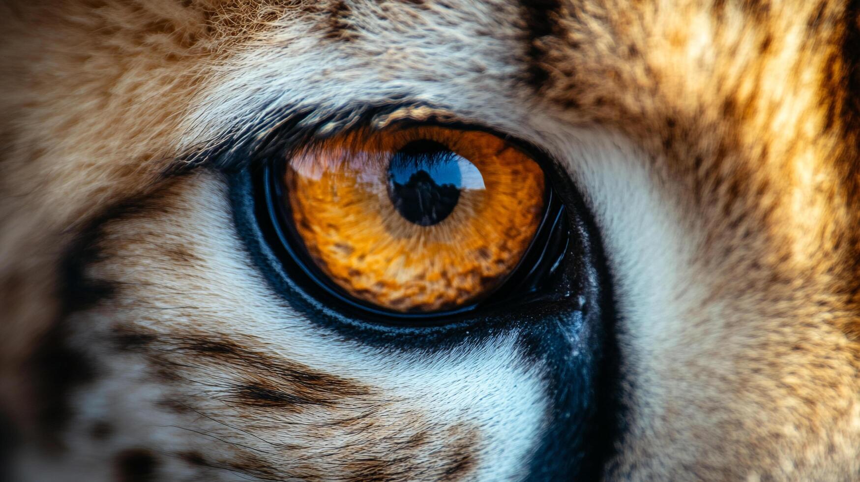 A striking close-up of a big cat's eye reveals intricate details of its amber iris and surrounding fur, showcasing its wild beauty. photo