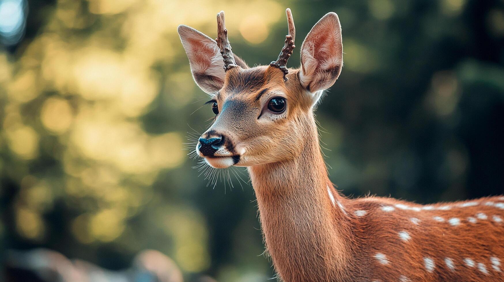 Portrait of a young sika deer with small antlers, its spotted coat blends with the bokeh background. Nature's artistry. photo