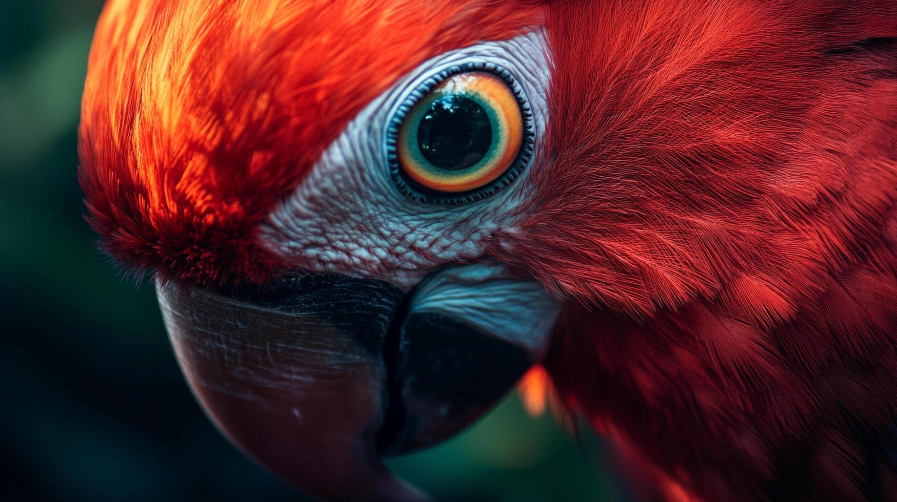 A captivating close-up unveils the intricate details of a vibrant macaw's plumage, showcasing nature's artistry in radiant hues and textures. photo