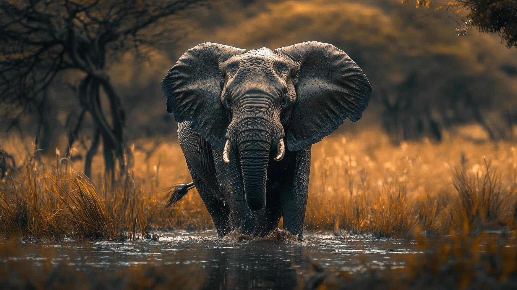 Majestic elephant wading through water, creating ripples and displaying strength in its natural habitat. Wildlife encounter. photo