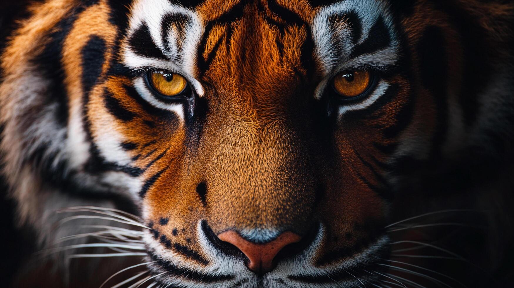A striking close-up reveals the intense gaze of a tiger, showcasing its orange fur and black stripes, capturing the essence of wildlife. photo
