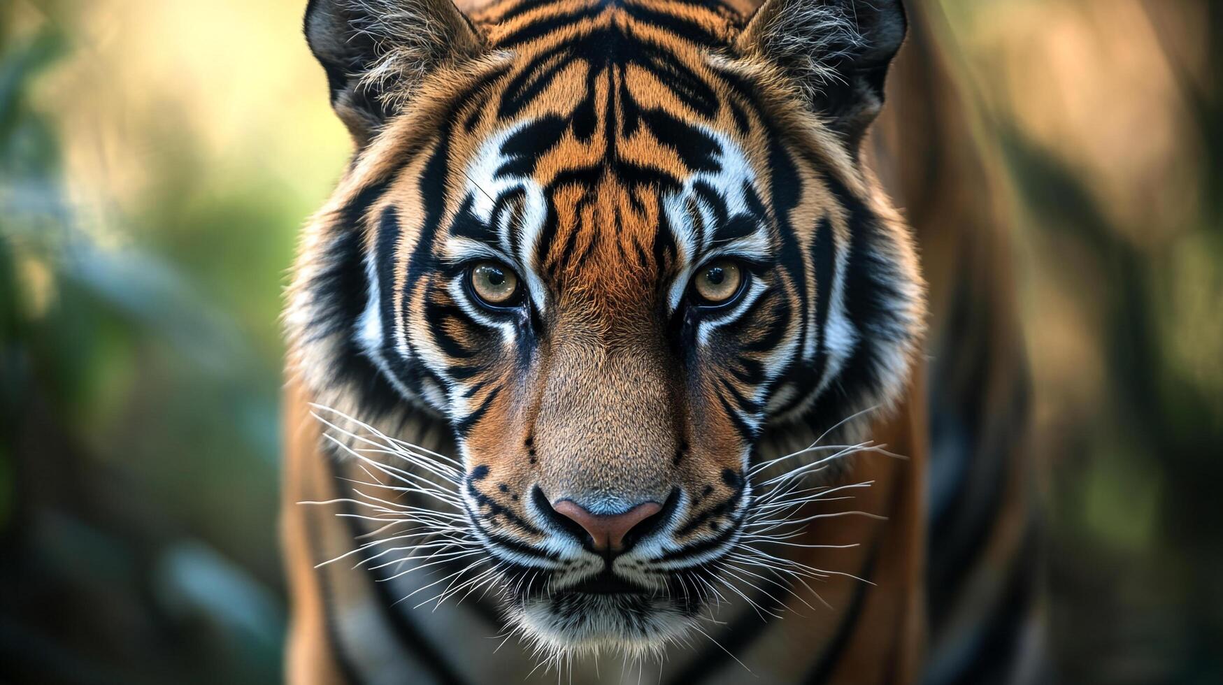 Tiger portrait capturing its intense gaze, highlighting striking stripes and powerful presence. A majestic beauty of wildlife is in the shot. photo