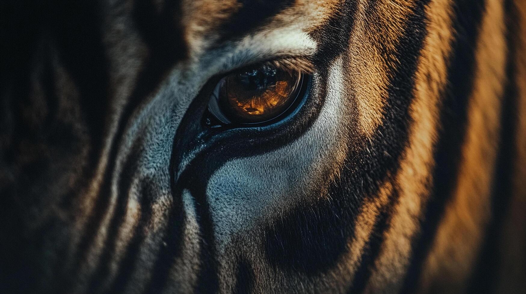 Striking zebra eye closeup, showcasing intricate details of the animal's gaze and distinct striped pattern of its fur. Wild beauty. photo