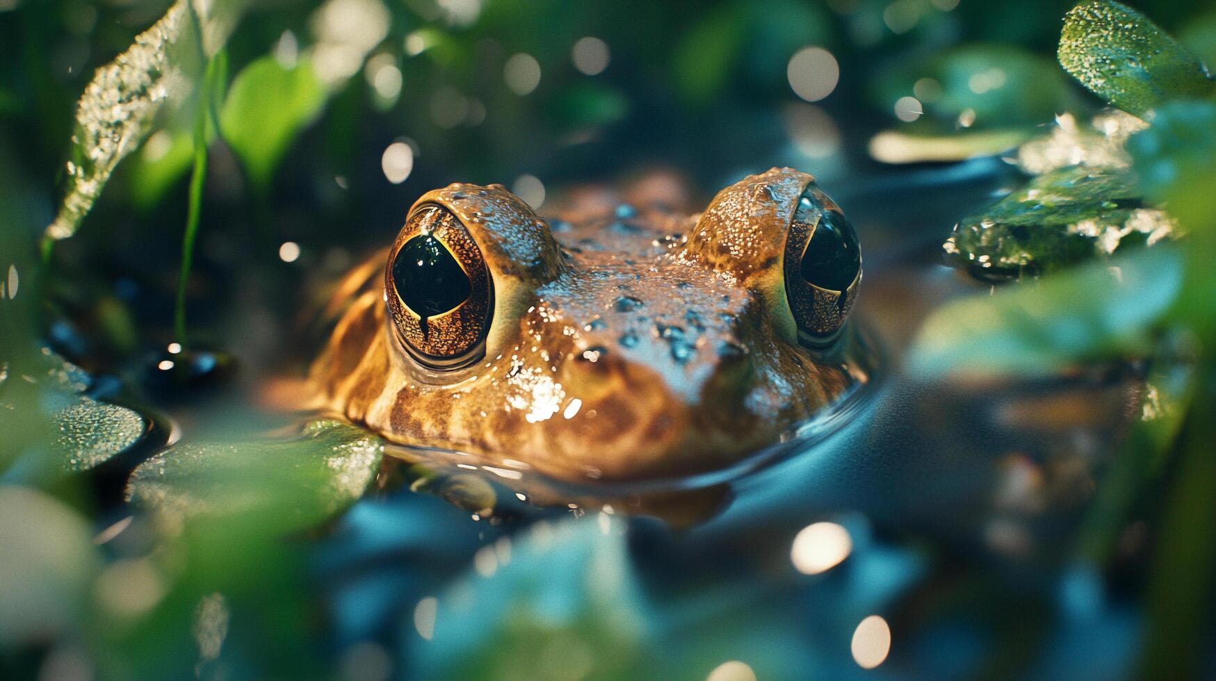 Close-up of a frog in a shallow pool of water with vegetation. The frog's large eyes are a focal point. Great pond life photography. photo