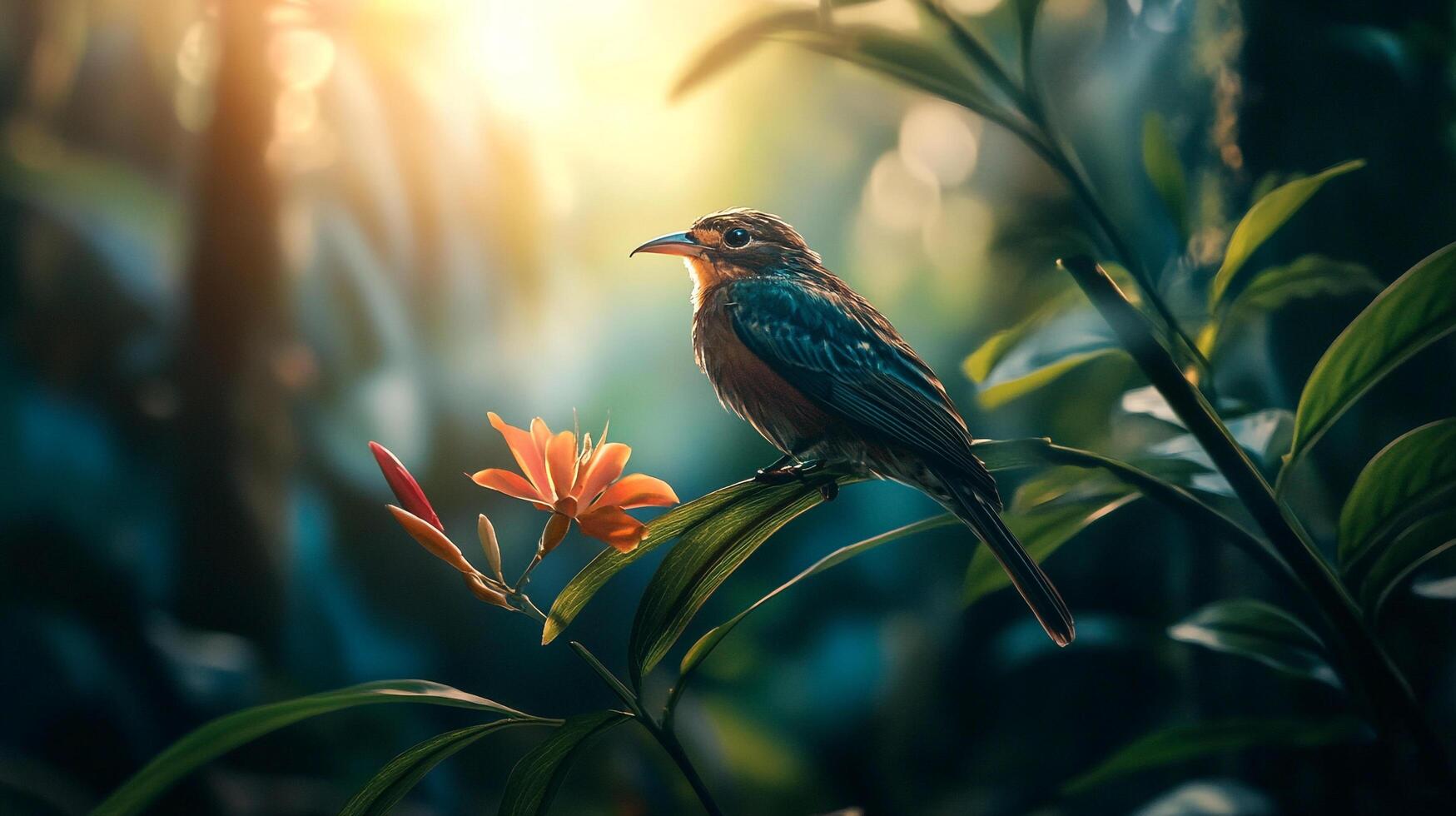 Small bird with bright plumage, perched on a leaf next to a flower. Natural sunlight filters through the foliage creating a bokeh effect. photo