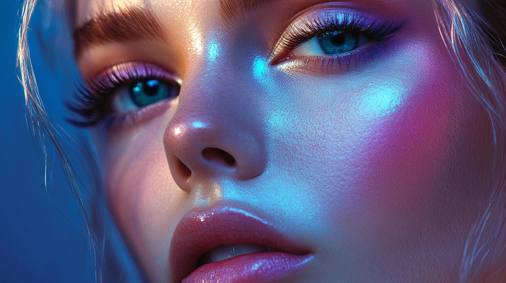 Close-up beauty portrait with striking blue eyes, iridescent skin, and dramatic lighting highlighting the delicate facial features. photo