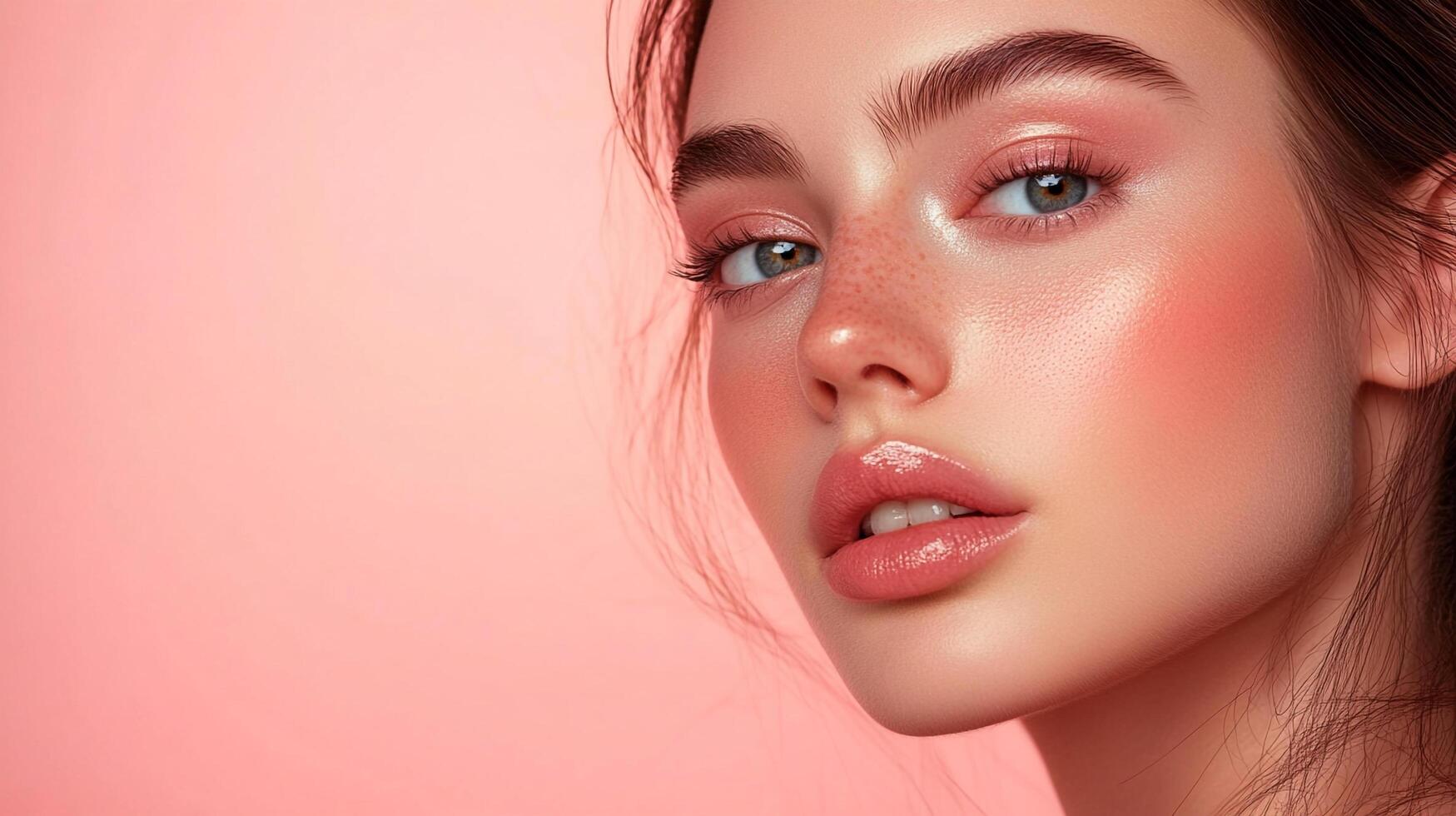 Close-up portrait of a young woman with delicate features, featuring light pink makeup and a glowing complexion against a pink backdrop. photo