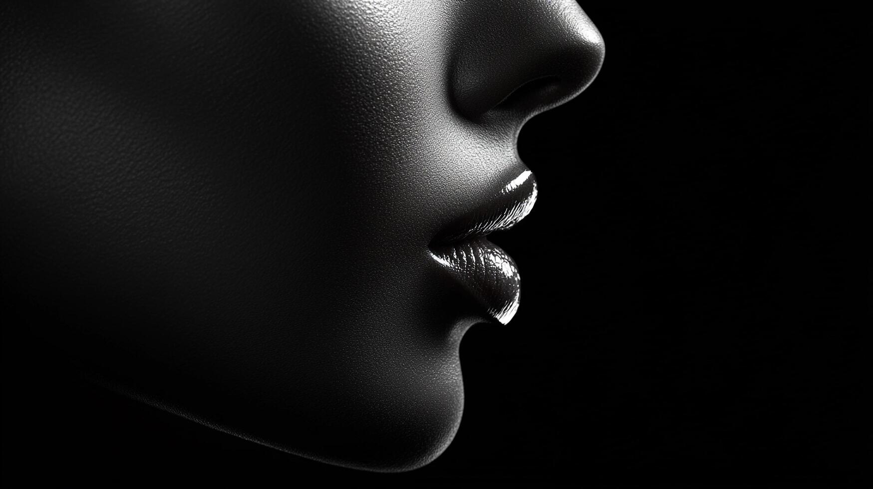 Monochromatic portrait of a human face against a black backdrop, showcasing subtle lighting and refined skin texture. Classic aesthetic. photo