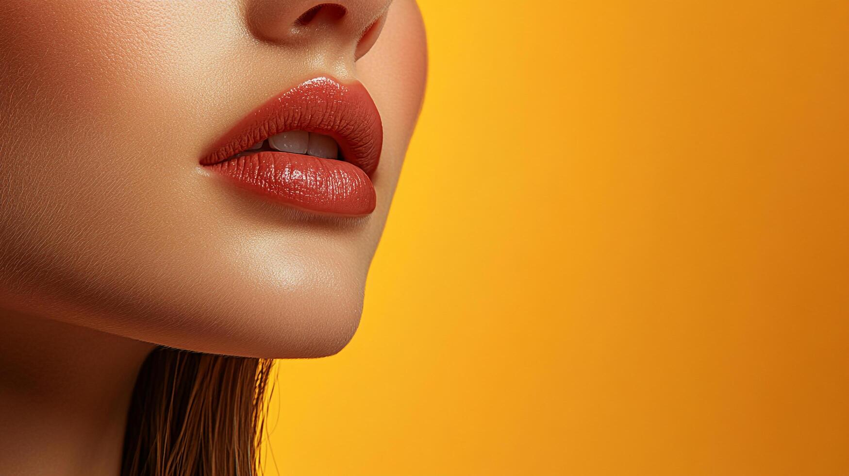 Closeup of luscious red lips on a woman with radiant skin. Makeup art captures attention against a vibrant yellow background for bold beauty. photo