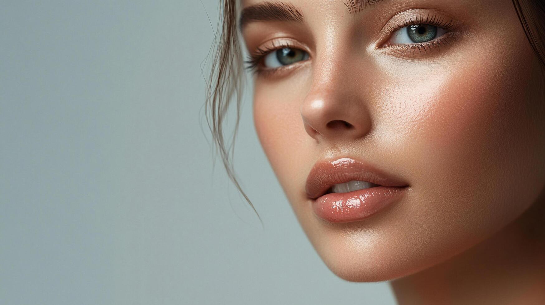 Close up of a beautiful woman's face featuring glossy lips and fair skin in a beauty shot. She is framed against a neutral background. photo