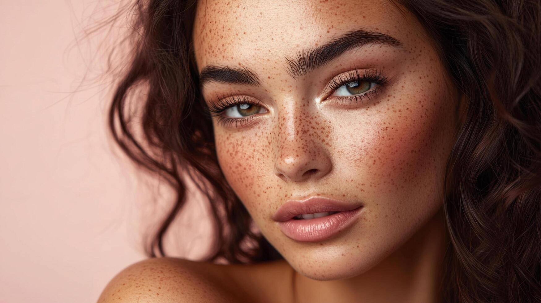 Portrait of a beautiful woman with freckles and glowing skin. She has a neutral expression. Her makeup is soft and pretty. photo