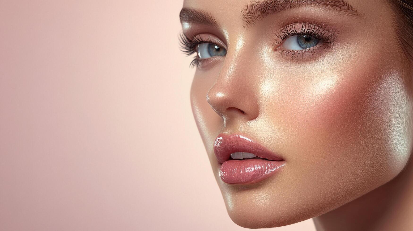 Close-up of a woman's face with flawless makeup. Her lips are glossy and plump, and her skin is glowing with a natural, dewy finish. photo