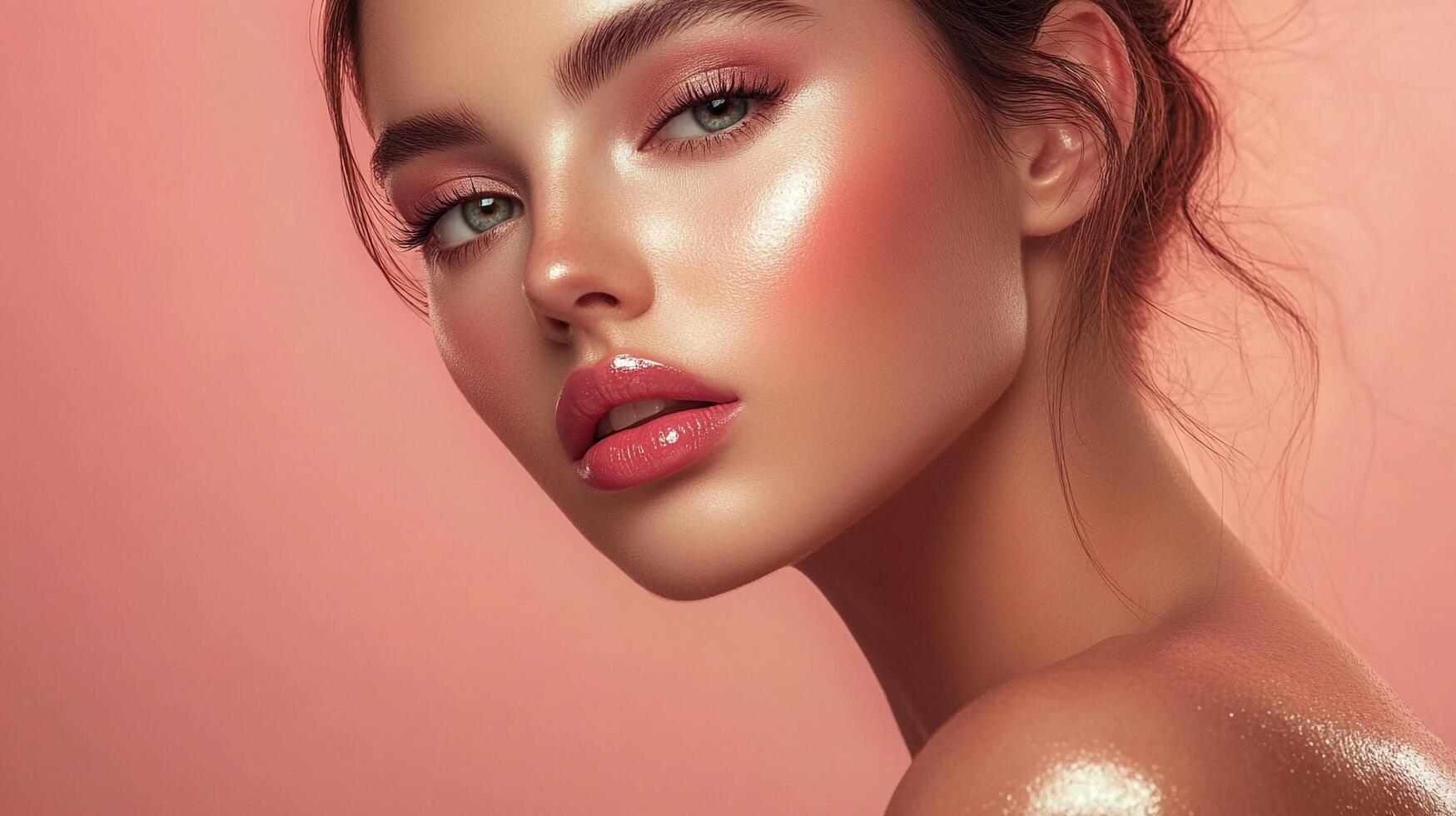 A glowing beauty portrait with soft, rosy makeup and radiant skin, set against a delicate background. Ethereal and captivating. photo