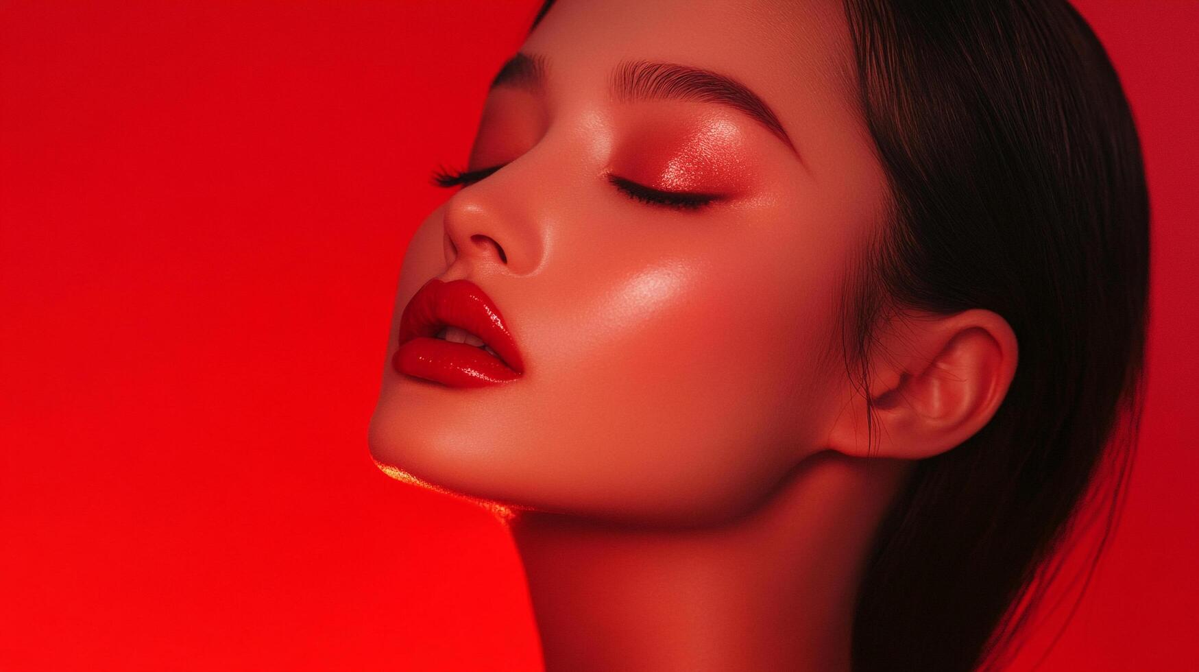 Elegant beauty portrait with red makeup in a studio setting shows stunning aesthetic with closed eyes, shiny skin and luscious red lips. photo