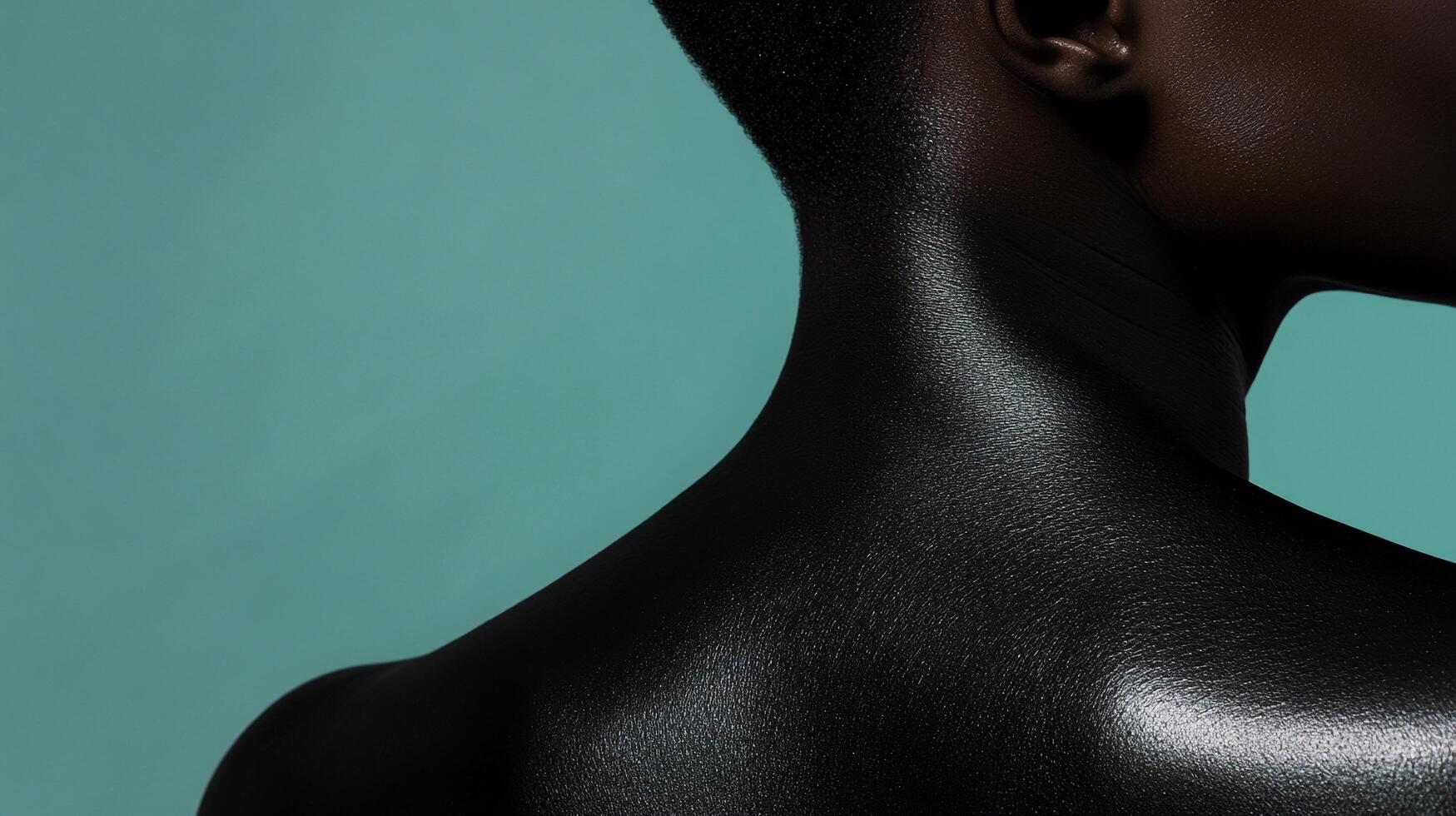 Close-up shot capturing the graceful curve of a person's neck and shoulder against a vibrant turquoise background, creating a striking contrast. photo