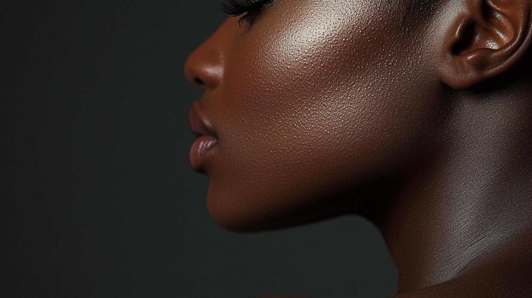 Profile view showcasing glowing and radiant skin. The subject's face is luminous, emphasizing natural beauty and skincare perfection. photo