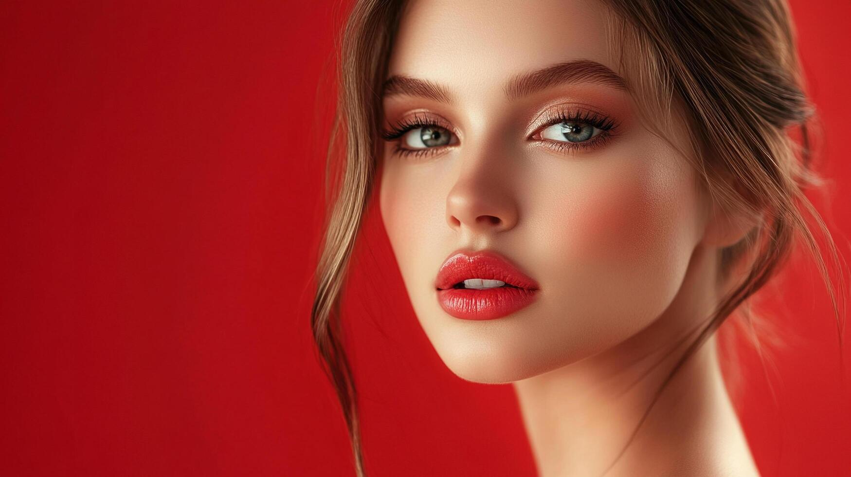 Elegant woman with red lipstick and soft brown hair, showcasing a sophisticated beauty look against a vibrant red backdrop. photo