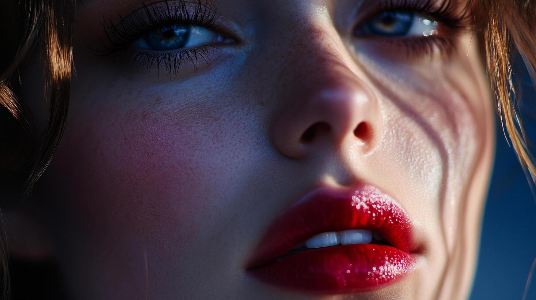 A close-up portrait highlights radiant skin, striking blue eyes, and bold red glossy lips, capturing a moment of intense beauty and allure. photo