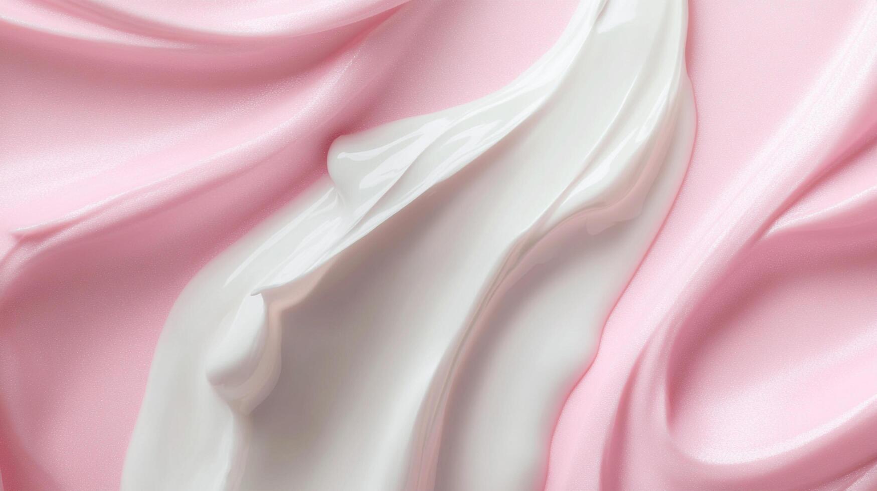 Close-up of smooth, flowing swirls of light cream and pink, creating a soft and inviting texture reminiscent of skincare or desserts. photo