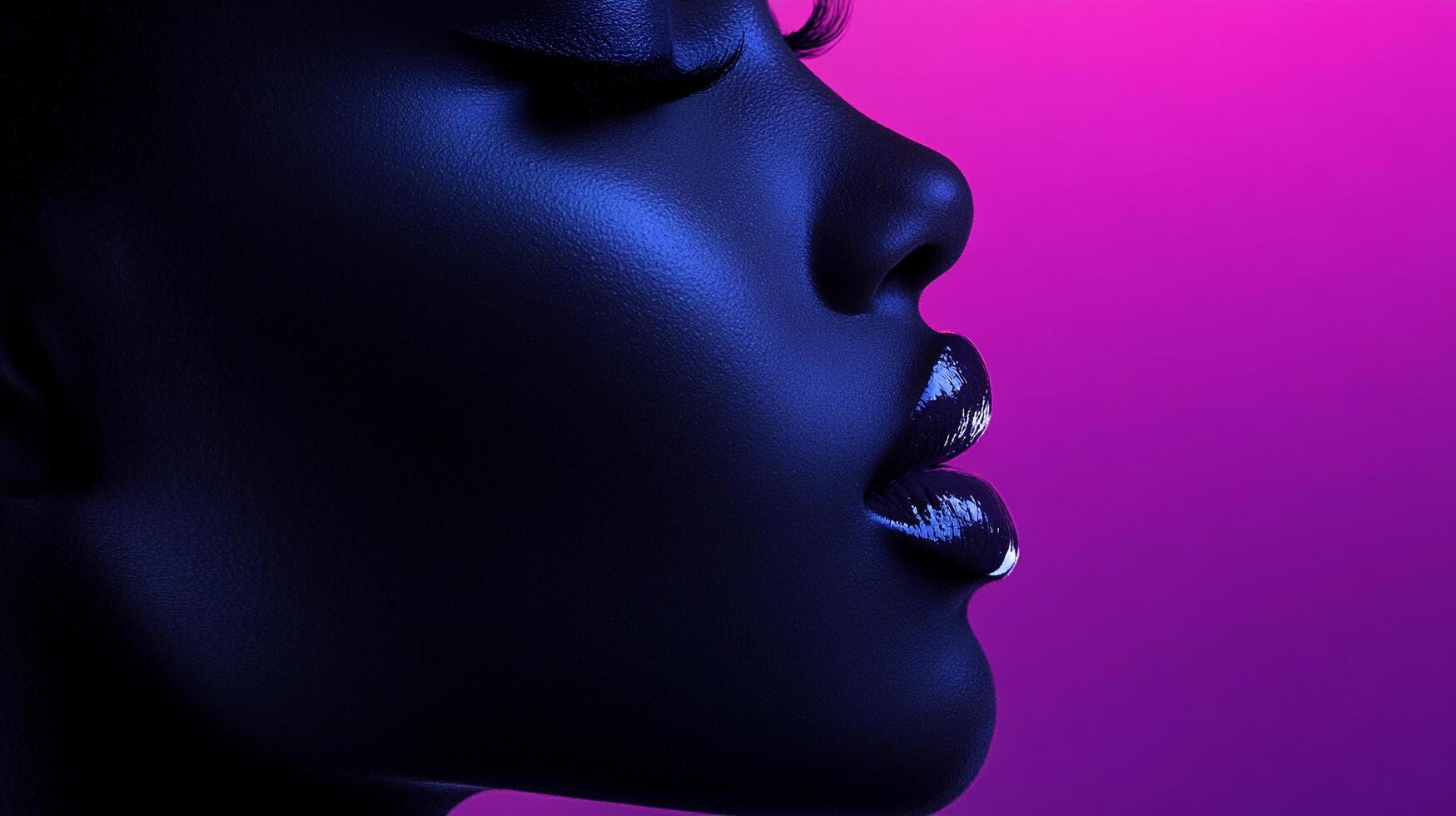 A closeup of a person's face in profile, bathed in vibrant blue and purple light, emphasizing facial features and shiny lips. photo